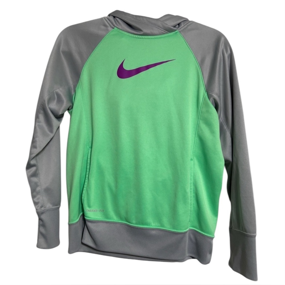 Nike Therma Girls Slate Gray & Neon Green Swoosh Hoodie Jacket Therma-Fit